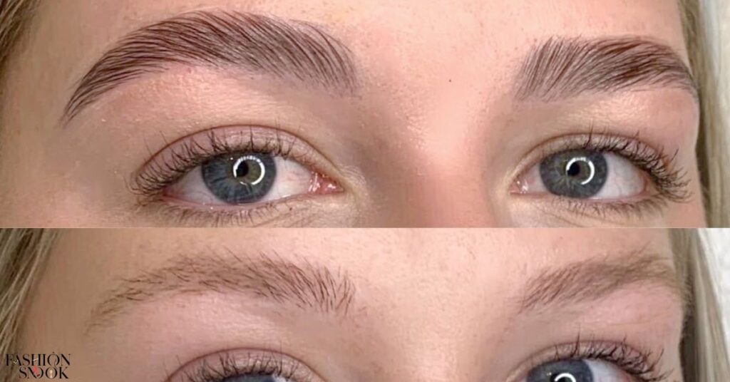 Before and After pictures of brow lamination on thin brows