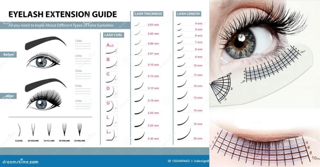 Eyelash extensions chart Lash curl chart.