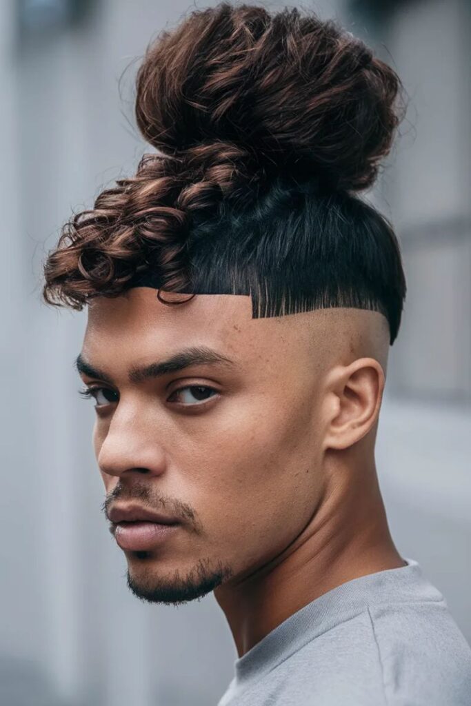 Curly Top Knot with Taper Fade 